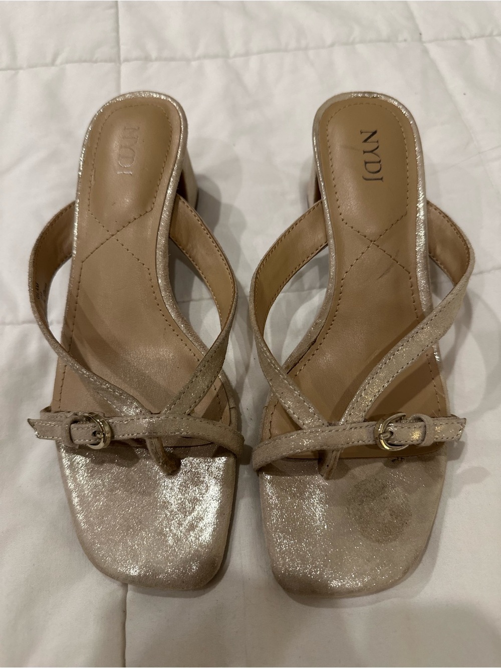 NYDJ Metallic Champagne Crisscross Mules